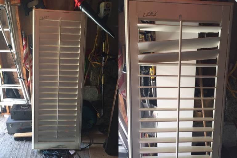 A pair of plantation shutter panels that survived a twister. A pair of plantation shutter panels that survived a twister.